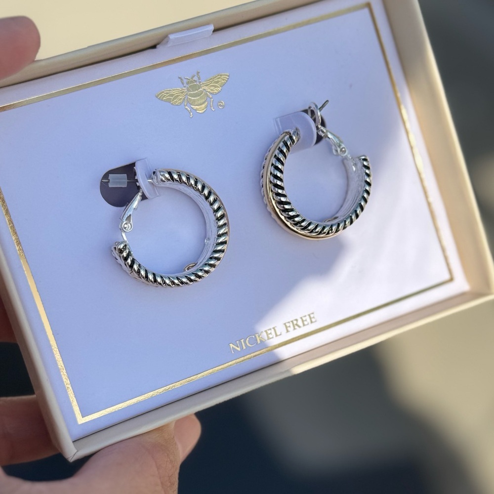 Silver Textured Hoop Earrings with Polished Finish - Picture 1 of 3